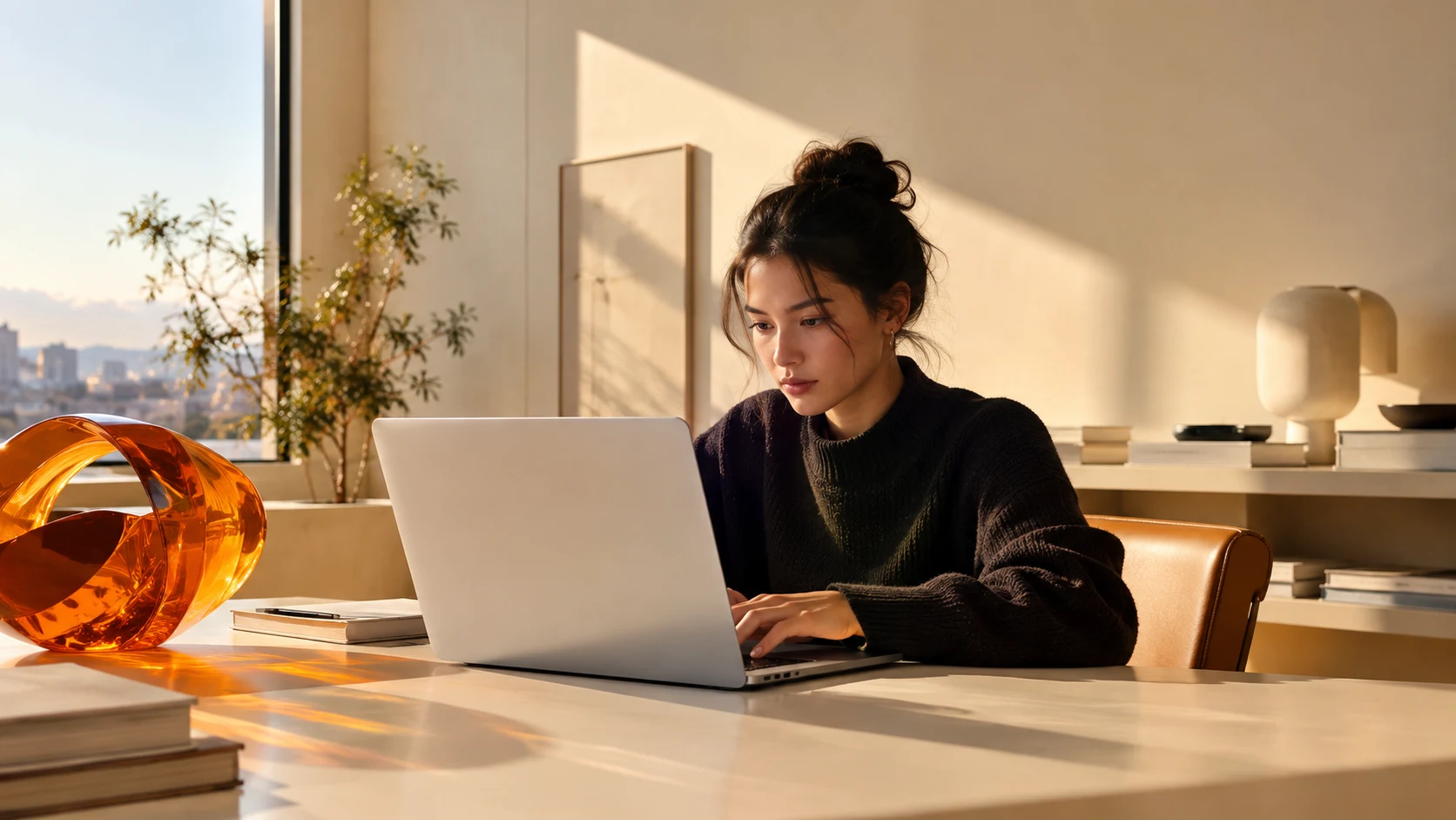 Specjalistka pracująca przy laptopie w jasnym, spokojnym biurze